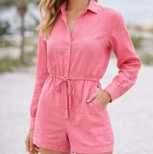 Strut & Bolt Coral Linen Blend Romper Long Sleeve Tie Waist Size L NWT
